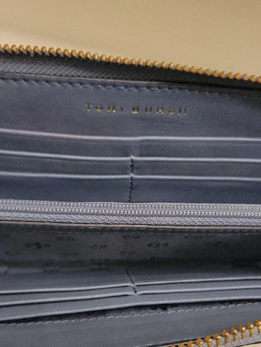 Tory Burch Periwinkle Embossed Logo Zip Wallet